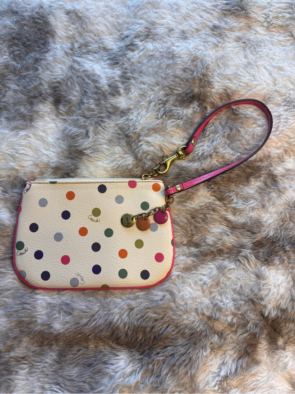 Coach Multicolor Polka Dot Wristlet with Pink Strap